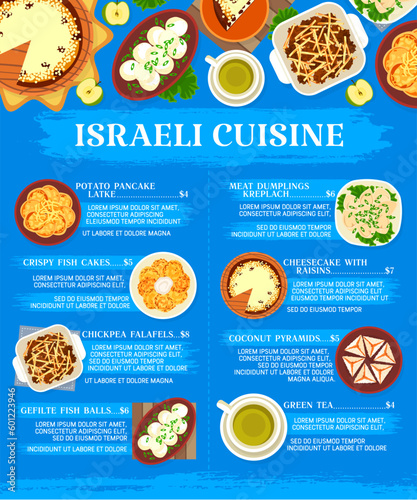 Israeli cuisine menu page template. Green tea, potato pancake latke and coconut pyramids, meat dumplings Kreplach, sefilte fish balls and chickpea falafels, crispy fish cakes, cheesecake with raisins