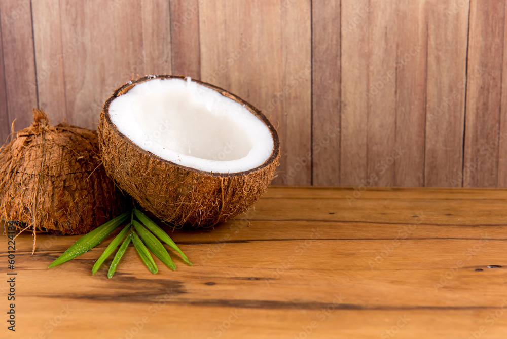 Coconut on wooden bottom