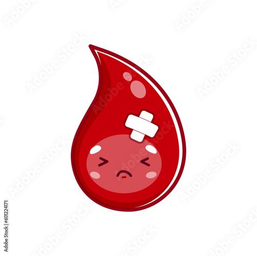 Cartoon sick blood drop personage. Glycemia diagnosis, circulatory system problem, diabetes disease glucose or biochemistry bad test vector concept with medical patch on unhealthy blood drop character