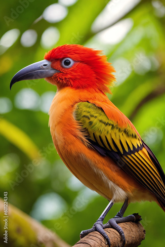Colorful tropical bird in jungle on a sunny day. Rainforest illustration with bright beautiful birdie among exotic plants with big leaves. Background with pristine nature landscape. Generative AI