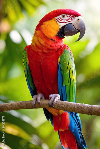 Colorful tropical ara parrot in jungle on a sunny day. Rainforest illustration with bright beautiful macaw among exotic plants with big leaves. Background with pristine nature landscape. Generative AI