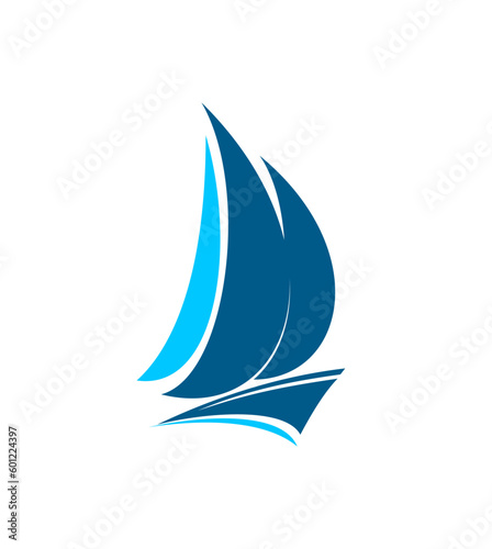 Yacht boat icon with sail ship or sailboat vector silhouette. Sailing water sport club, regatta racing or cruising isolated symbol of blue sailing yacht with sails and sea wave, nautical vessel sign