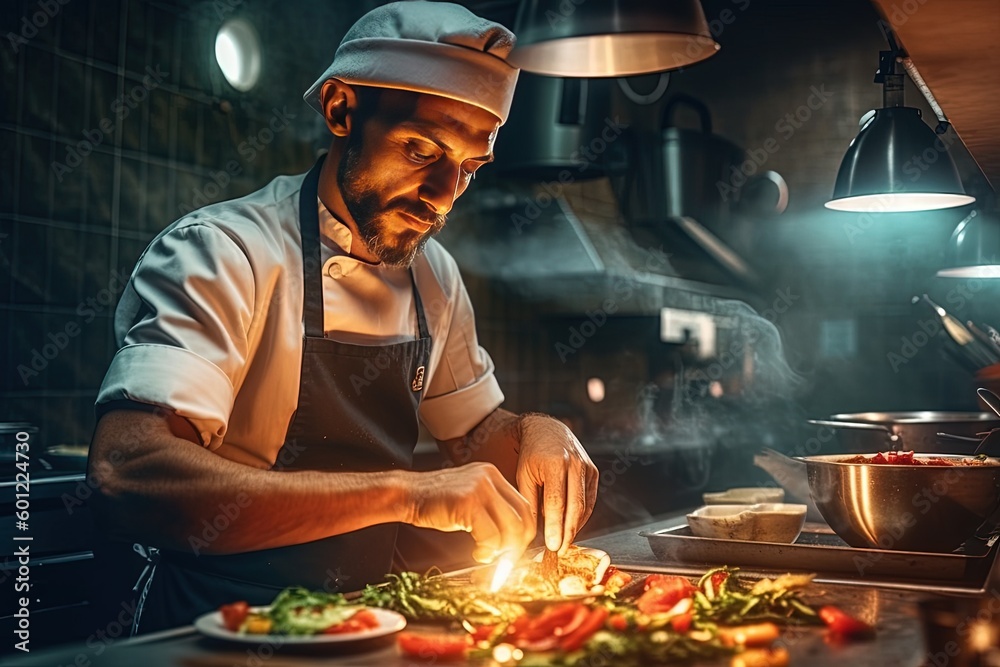 An expert chef confidently using culinary techniques to create a visually stunning and flavorful dish An expert chef confidently using culinary techniques to create a visually stunning and flavorful dish