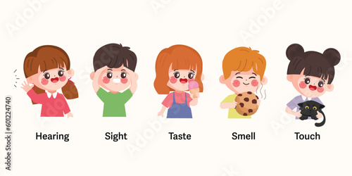 cute little children boys and girls showing five senses organs representing hearing, sight, taste, smell, touch as human body parts