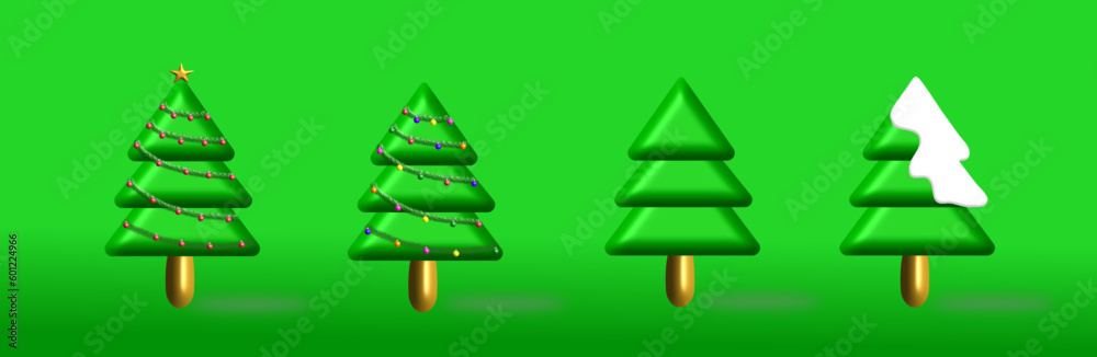 3d illustration of Christmas trees. Holiday elements isolated on green background. Two with beautiful ornaments, one covered with snow and one without. 3d illustration of Christmas trees. Holiday elements isolated on green background. Two with beautiful ornaments, one covered with snow and one without.