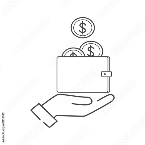 save money icon, wallet with coins in the hand, finance income, transfer, deposit or payment, price and cash back, cost refund, thin line symbol - editable.