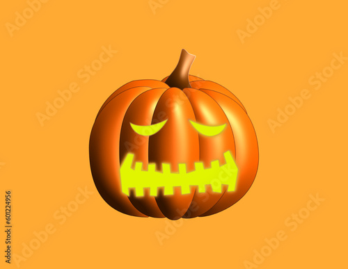 Scary pumpkin jack-o-lantern with creepy toothy smile and fiery glow inside realistic vector illustration isolated on yellow background. Traditional decoration, symbol of halloween holiday celebration