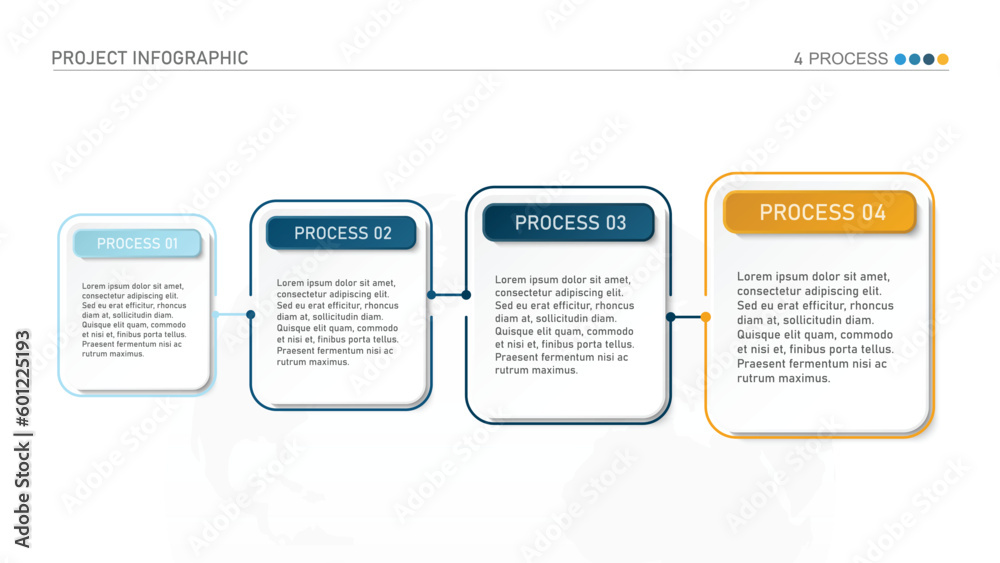 Horizontal timeline or flowchart with four square elements and space for data. Concept of 4 successive steps of company process.