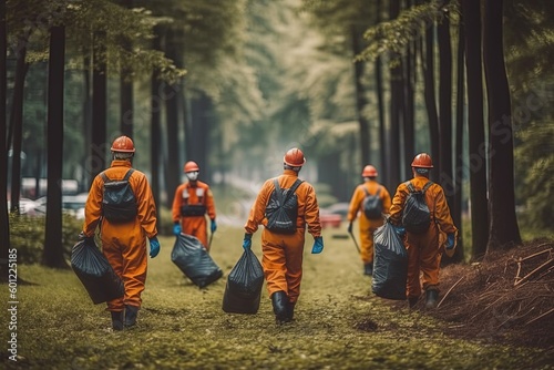 A community-driven effort to protect nature, as environmentalists clad in protective gear meticulously pick up plastic litter in a park