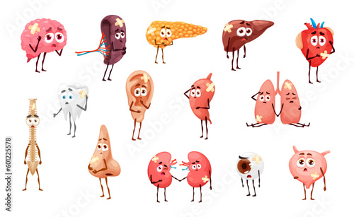 Sick body organ characters. Injured and unhealthy cartoon personages. Unhappy vector bandaged human heart, lungs, kidney, liver and stomach, bladder, pancreas, spine and tooth. Ear, brain eye and nose