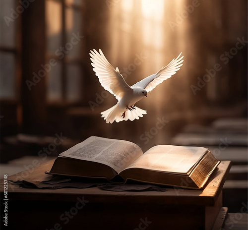 Valokuva Dove flying over an open book at sunset stock photo.