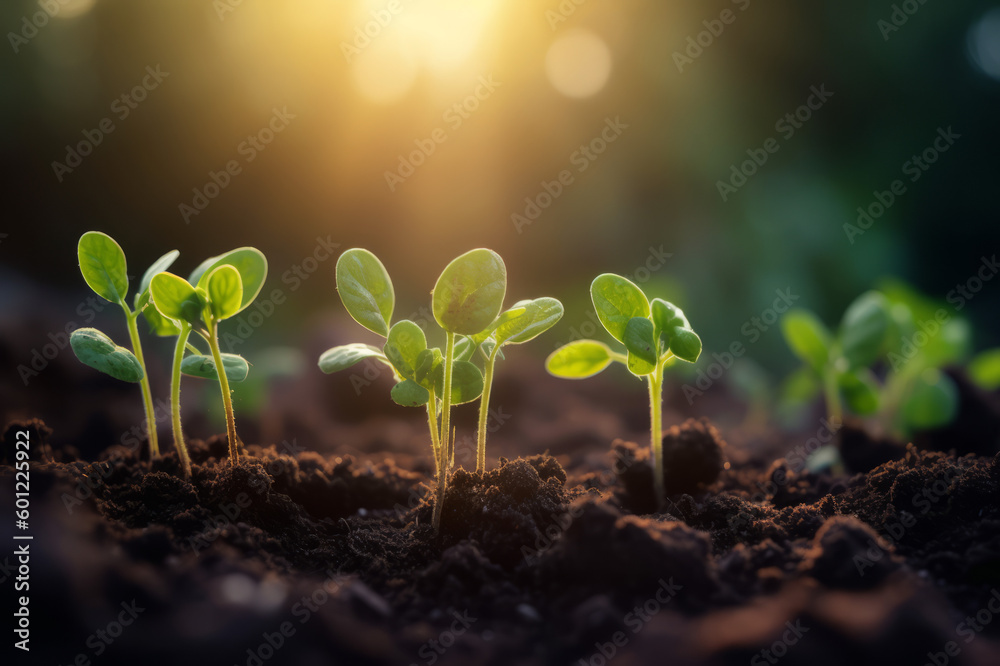 Young plants growing in garden with sunlight. Created with generative AI tools. Young plants growing in garden with sunlight. Created with generative AI tools.