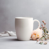 Spring white mug mockup on table with flowers. Coffee cup template. Cup mockup.  Generative AI