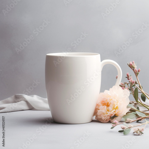 Spring white mug mockup on table with flowers. Coffee cup template. Cup mockup. Generative AI