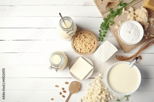 Top view photo of dairy products over white wooden background. Symbols of Jewish holiday - Shavuot