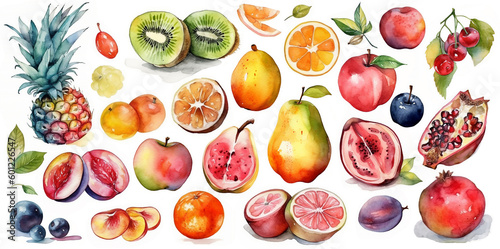 Watercolor illustration set of different summer fruits on the white background