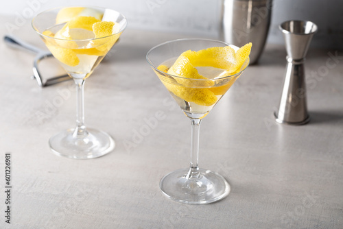 Martini Cocktail boozy gin, Italian vermouth, orange bitters and a twist of lemon peel
