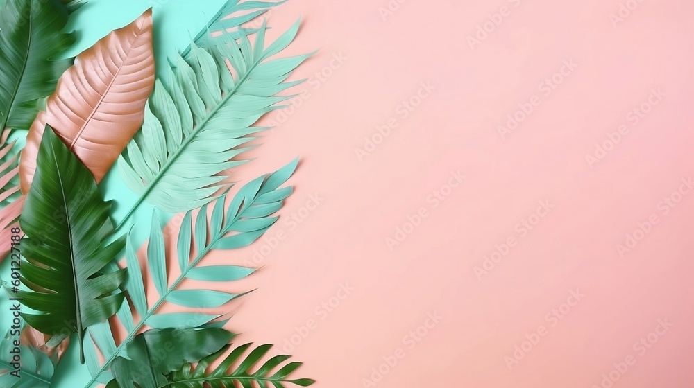 Pink background with tropical foliage in pastel colors. Created with Generative AI tools.