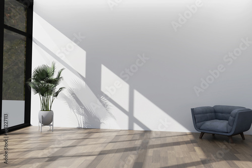 Stylish Modern wooden living room in white background, Scandinavian style, Rattan home decor, 3D illustration, 3D rendering.