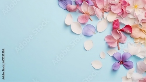 Pink and white flowers on a blue background. Created with Generative AI tools.