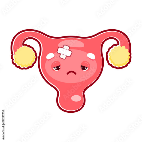 Cartoon sick uterus organ character with medical patch, woman health and anatomy, isolated vector. Menstruation or female reproductive system disease and ovary illness from infection or inflammation