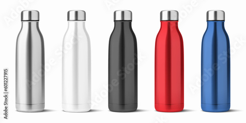 Vector Realistic 3d White, Silver, Black, Red, Blue Empty Glossy Metal Reusable Water Bottle with Silver Bung Set Closeup Isolated. Design template of Packaging Mockup. Front View