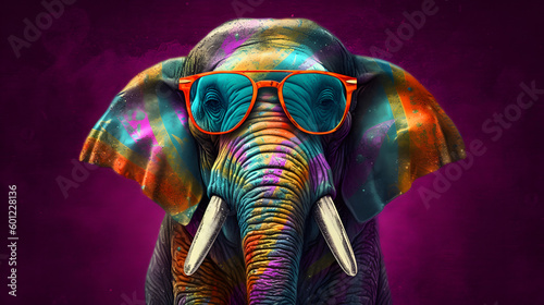 カラフルなサングラスを着けたおしゃれな象 © shin project