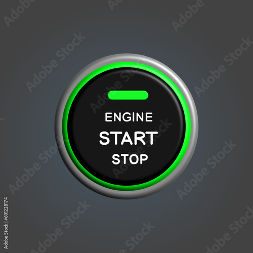 Close up of car engine start button on dark gray background with glowing green light. Editable EPS 10 Vector Graphic Illustration.