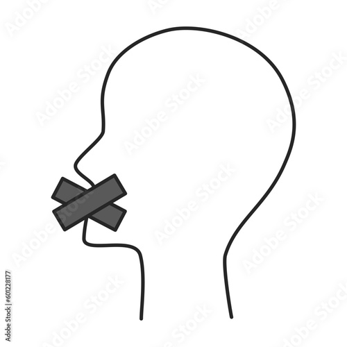 Discrimination or censorship icon, no freedom of speech, person with mouth tape, violation of human right to speak, thin line symbol - editable vector illustration.