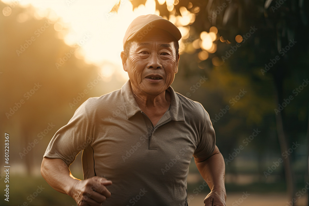 Older asian man running in park at sunset. Generative AI Older asian man running in park at sunset. Generative AI
