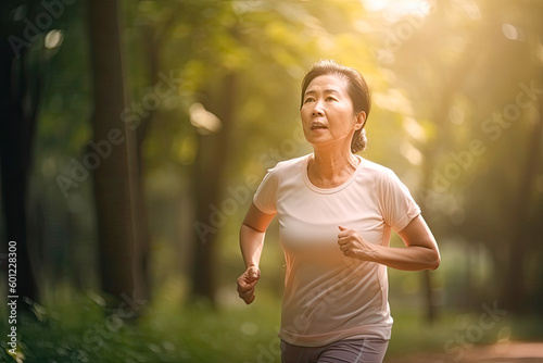 Middle aged asian woman running in park or forest at sunset. Generative AI © MVProductions