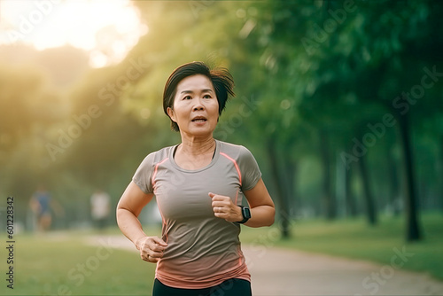 Middle aged asian woman running in park. Generative AI © MVProductions