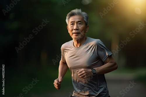 Older asian man running in park in the evening. Generative AI