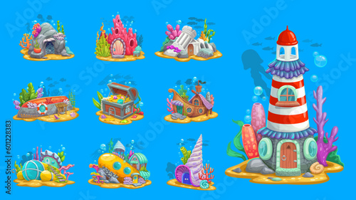 Underwater fairytale buildings and dwellings or undersea homes, vector cartoon game assets. Underwater creatures houses of boat submarine in ocean coral reef, sea mermaid or fish dwelling in shell