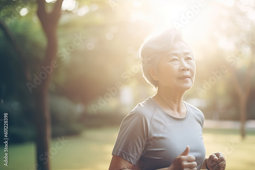Older asian woman running in park. Generative AI