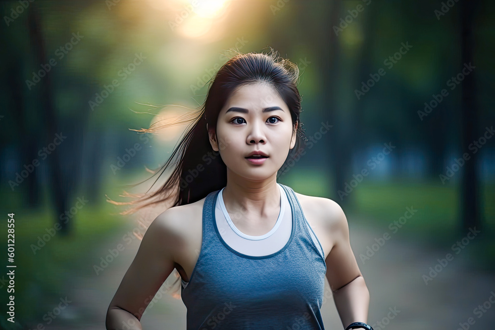 Young asian woman running in park or forest. Generative AI