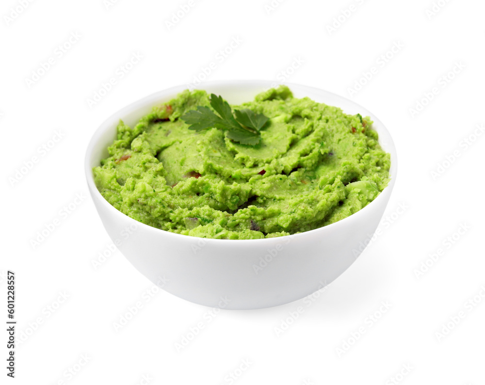 Bowl of delicious guacamole isolated on white Bowl of delicious guacamole isolated on white