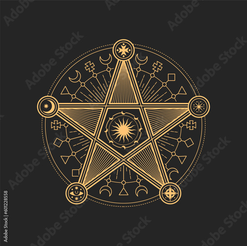 Esoteric and occult pentagram, mason or tarot symbol. Vector sacred star sign with crescent moon, Sun or stars, eye and cross. Astrological amulet, isolated tarot card spiritual magic talisman, emblem