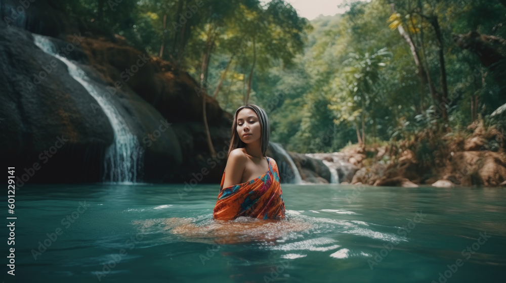 Fototapeta premium Amidst the serene beauty of nature, a girl in rural Thailand dons a colorful sarong while taking a refreshing dip in a stream by a picturesque waterfall, surrounded by blooming flowers, Generative AI