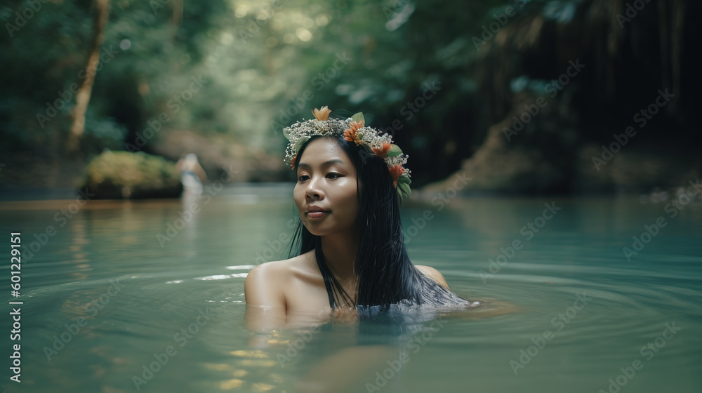 Amidst the serene beauty of nature, a girl in rural Thailand dons a colorful sarong while taking a refreshing dip in a stream by a picturesque waterfall, surrounded by blooming flowers, Generative AI Amidst the serene beauty of nature, a girl in rural Thailand dons a colorful sarong while taking a refreshing dip in a stream by a picturesque waterfall, surrounded by blooming flowers, Generative AI