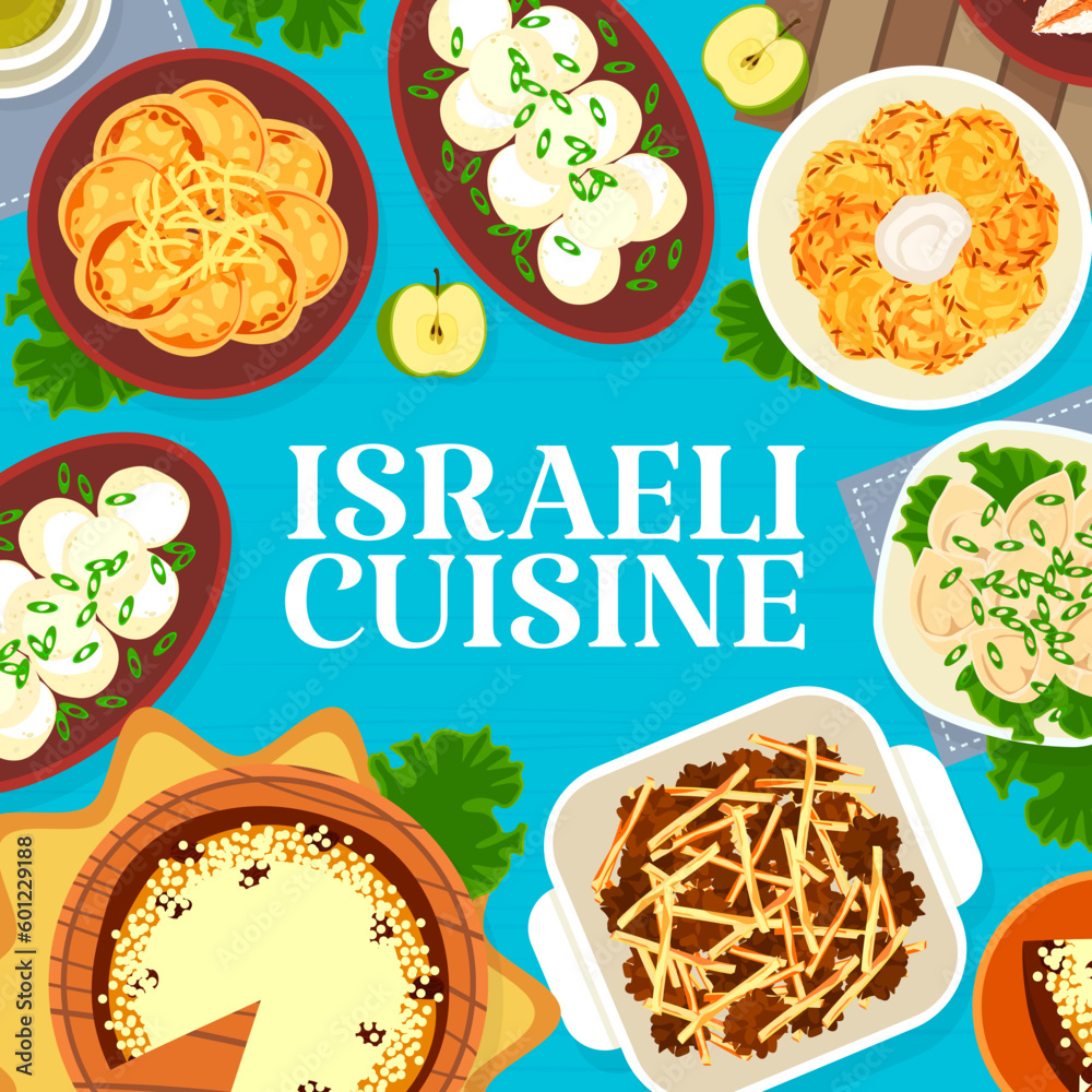 Israeli cuisine restaurant meals menu cover. Dumplings Kreplach, green tea and pancake latke, sefilte fish balls, crispy fish cakes, coconut pyramids and cheesecake with raisins, chickpea falafels