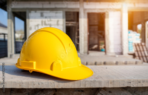 A yellow safety helmet of worker at construction site