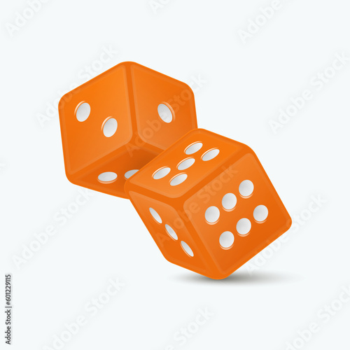 Vector 3d Realistic Orange Game Dice with White Dots Set Closeup Isolated on White Background. Game Cubes Couple for Gambling in Different Positions, Casino Dices, Round Edges