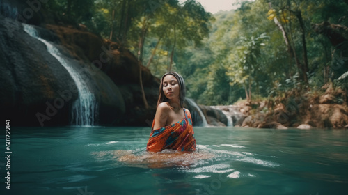 Amidst the serene beauty of nature, a girl in rural Thailand dons a colorful sarong while taking a refreshing dip in a stream by a picturesque waterfall, surrounded by blooming flowers, Generative AI