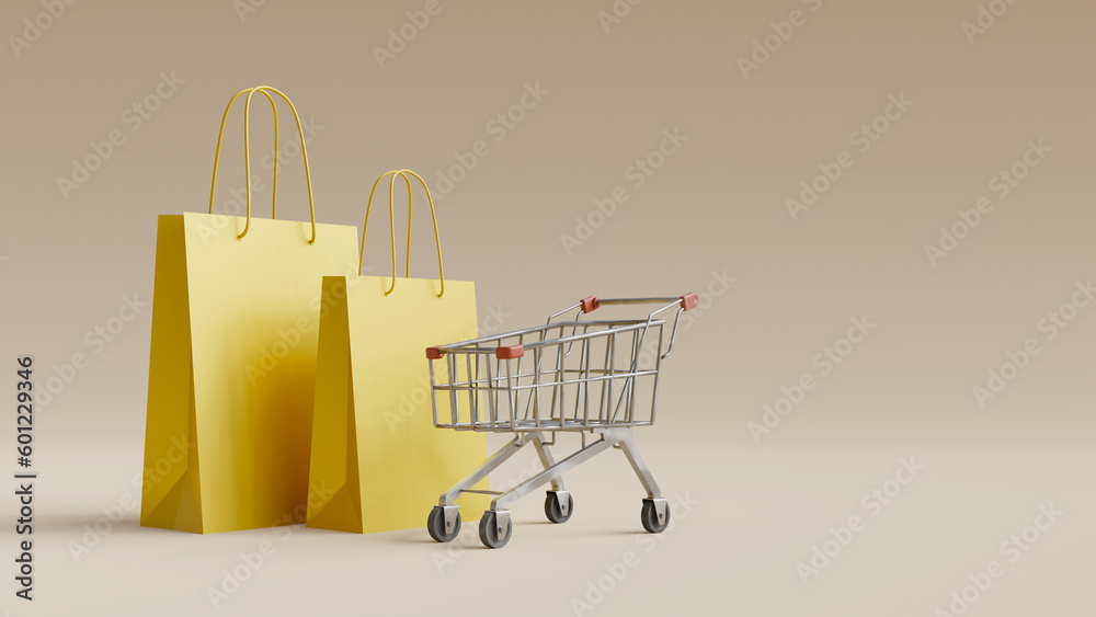 Background image with shopping cart and shopping bags. 3d rendering