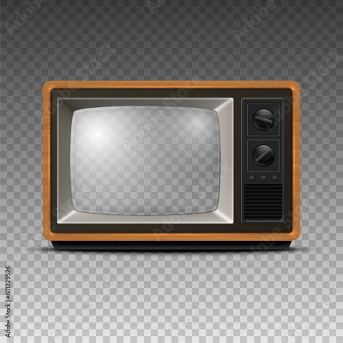 Vector 3d Realistic Retro Wooden TV Receiver Icon with Transparent Screen Closeup Isolated. Home Interior Design Concept. Vintage TV Frame, Television, Front View