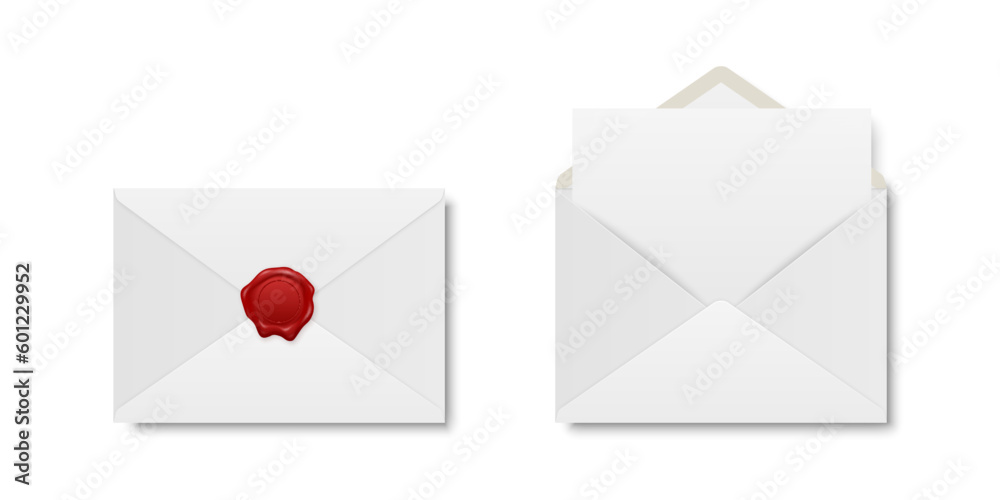 Vector Realistic White Closed Envelope with Red Wax Seal and Opened Envelope with Letter Inside. Folded and Unfolded White Envelope Icon Set Isolated. Message, Alert, Surprise, Secret Concept Vector Realistic White Closed Envelope with Red Wax Seal and Opened Envelope with Letter Inside. Folded and Unfolded White Envelope Icon Set Isolated. Message, Alert, Surprise, Secret Concept