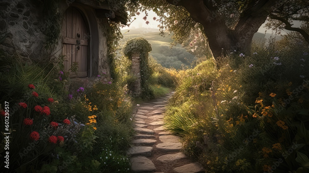 Tranquil Haven: Enchanting Pathway to a Rustic Cottage Door in a Vibrant Flower Garden 3. Generative AI