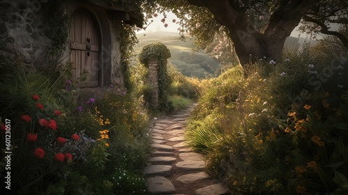Tranquil Haven  Enchanting Pathway to a Rustic Cottage Door in a Vibrant Flower Garden 3. Generative AI