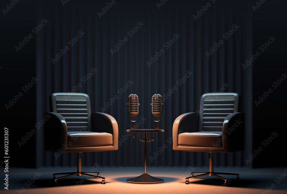 two chairs and microphones in podcast interview talk show room copy space background Generative AI two chairs and microphones in podcast interview talk show room copy space background Generative AI